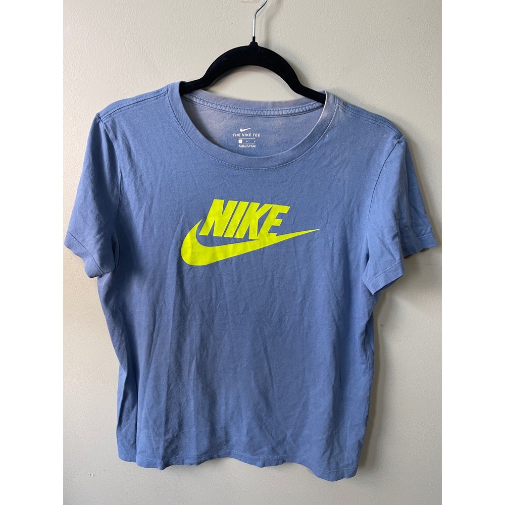 Nike Futura Logo Graphic Tee Blue Neon Yellow Distressed Crew Neck Shirt Large